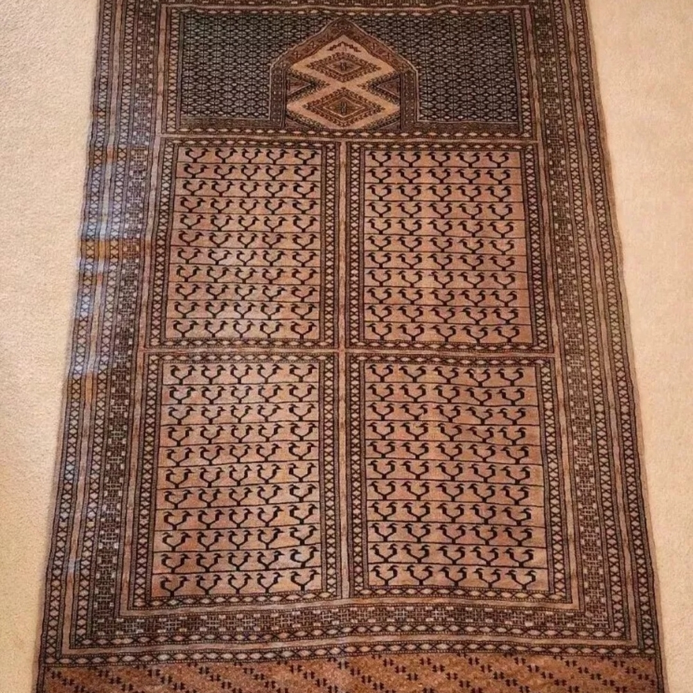 1960s Gold/Blue Afghan Carpet! 6'9" x 3'5" , Karakul Wool, Silk, Natural Dyes